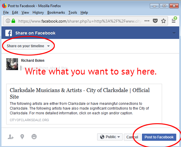 Step 1 to share on your facebook page: click this button.