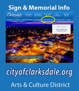 Arts & Culture District sign leading the public to the new City website for more information.