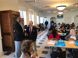 Clarksdale City Commissioner Willie Turner Jr. and Coahoma County Chamber of Commerce Executive Director Jon Levingston chat briefly before the well attended January 24, 2018 meeting to help Clarksdale businesses grow.