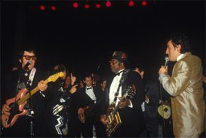 Rock and Roll Hall of Fame inductees Bo Diddley and Roy Orbison jam with Bruce Springsteen at 1987 induction ceremony.